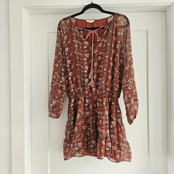 Lost + Wander Floral Long Sleeve Dress in Rust Anthropologie - Picture 2 of 6